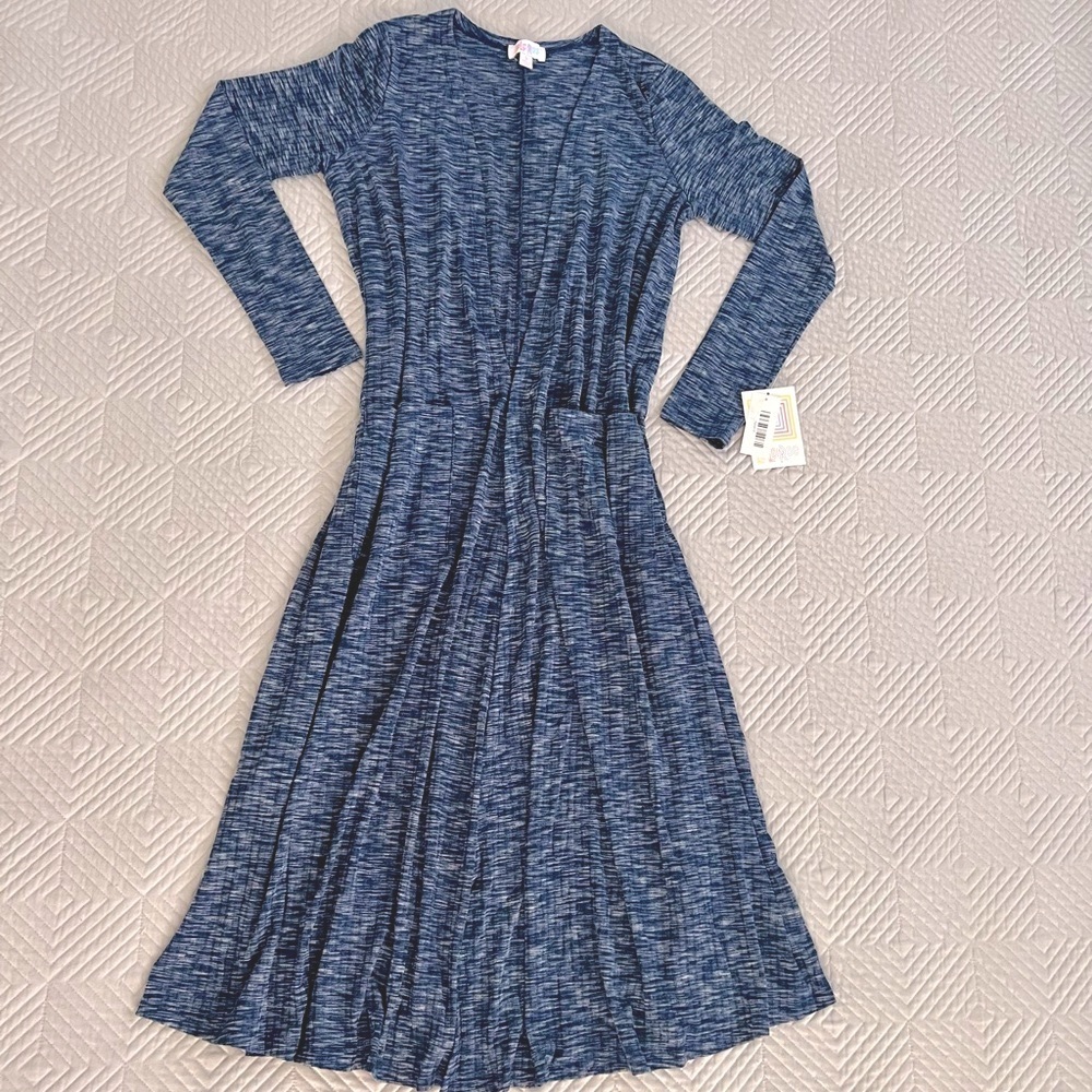 LuLaRoe Sarah Cardigan Duster Heather Blue Open Front Pockets Long Sleeve